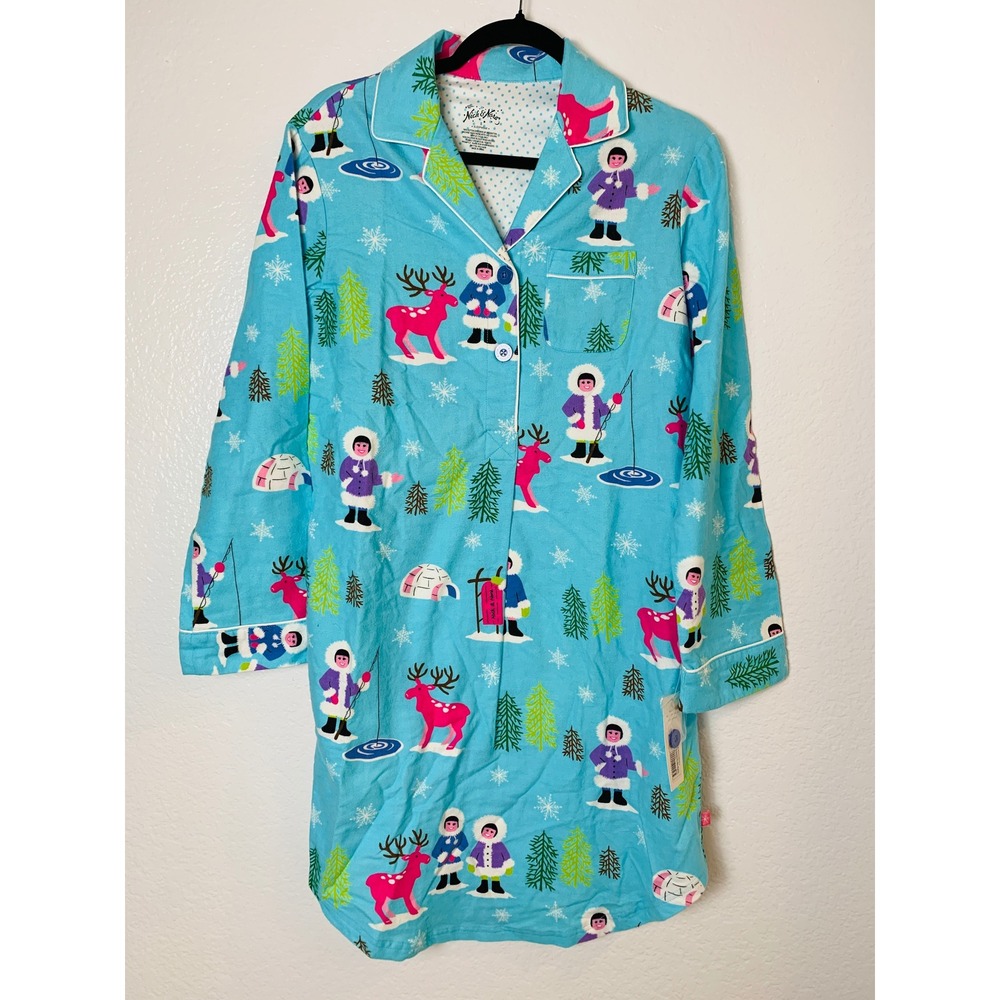 Nick & Nora Nightshirt Women S Blue Winter Wonderland Reindeer Novelty Flannel